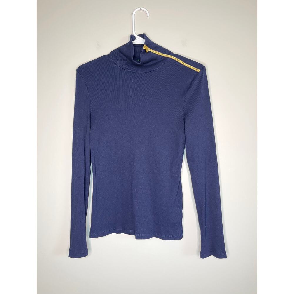 Lauren Ralph Lauren Navy Blue Gold Zipper Ribbed Old Money Yacht Club Sweater M